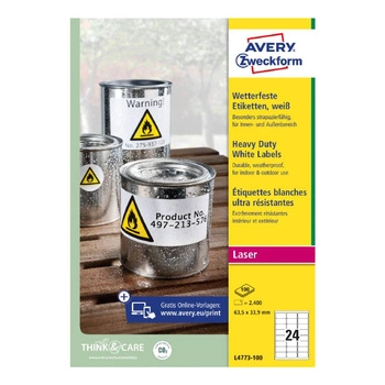 Etykiety Heavy Duty Avery Zweckform A4 100ark./op. 63,5 x 33,9 mm / białe / poliestrowe