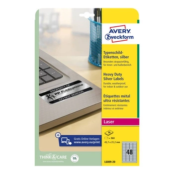 Etykiety znamionowe srebrne Avery Zweckform A4 20ark./op. 45,7x21,2mm poliestrowe