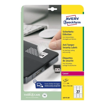 Etykiety zabezpieczające - plomby Avery Zweckform A4 20ark./op. 63,5 x 29,6 mm / białe / poliestrowe