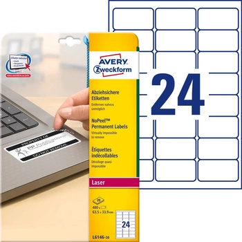 Etykiety NoPeel™ Avery Zweckform A4 20ark./op. 63,5x33,9mm białe