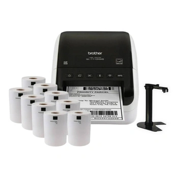 Drukarka etykiet Brother QL-1110NWBc 300dpi / do 103,6mm / PC / Mac / BT / USB / Wi-Fi / Ethernet / (MFI, AirPrint) / z 10 szt. rolek etykiet + uchwyt w zestawie