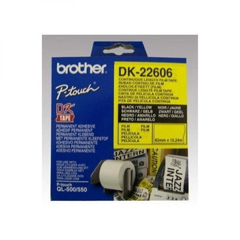 Taśma Brother DK-22606 62mm x 15,24m / folia / żółta / czarny nadruk / do drukarki etykiet Brother QL