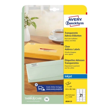 Etykiety adresowe Avery Zweckform A4 63,5 x 38,1 mm 1 opak. 25ark. / przeźroczyste / do drukarek atramentowych