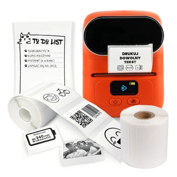 Mini drukarka etykiet Phomemo M110 pomarańczowa 203 dpi / do 50 mm / PC / Mac / Smartfon / BT / USB / z 2 szt. rolek etykiet w zestawie