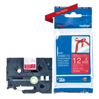 Taśma Brother TZe-RW34 12 mm x 4 m / czerwona / złoty nadruk / do drukarek Brother P-touch