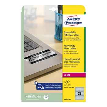 Etykiety znamionowe srebrne Avery Zweckform A4 20ark./op. 63,5x29,6mm poliestrowe