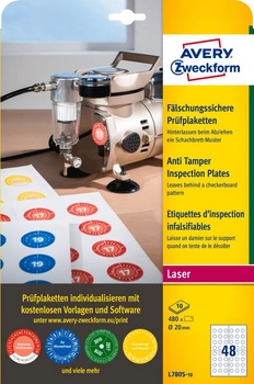 Tabliczki inspekcyjne plomby Avery Zweckform A4 10ark./op. 480 et./op. ø20mm białe