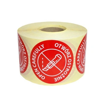 Etykiety termotransferowe ostrzegawcze papierowe fi70 okrągłe 1000szt średnica gilzy fi40 - Otwórz ostrożnie