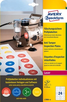 Tabliczki inspekcyjne plomby Avery Zweckform A4 10ark./op. 240 et./op. ø30mm białe