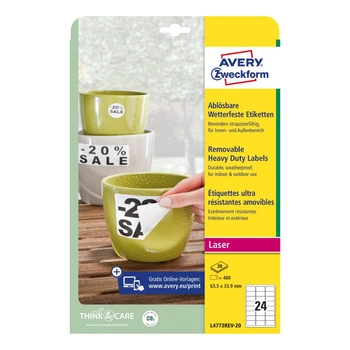 Etykiety Heavy Duty Avery Zweckform A4 20ark./op. 63,5 x 33,9 mm / białe / poliestrowe - USUWALNE