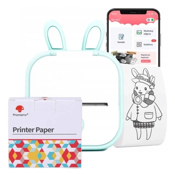 Mini drukarka etykiet Phomemo T02 zielona 203 dpi / do 50 mmm / Smartfon / BT / z 3 szt. taśm i ETUI Rabbit w zestawie