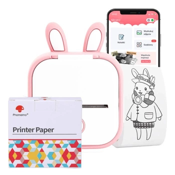 Mini drukarka etykiet Phomemo T02 różowa 203 dpi / do 50 mm / Smartfon / BT / z 3 szt. taśm i ETUI Rabbit w zestawie