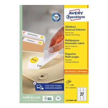 Usuwalne etykiety uniwersalne Avery Zweckform A4 100ark./op. 63,5 x 29,6 mm / białe