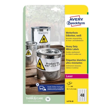 Etykiety Heavy Duty Avery Zweckform A4 20ark./op. 45,7 x 21,2 mm / białe / poliestrowe