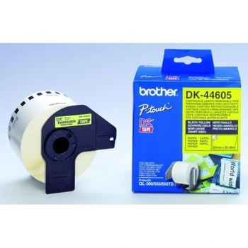 Taśma Brother DK-44605 62mm x 30,48m / odlepna / żółta / czarny nadruk / do drukarki etykiet Brother QL