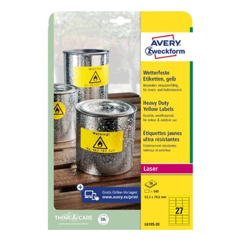 Etykiety Heavy Duty Avery Zweckform A4 20ark./op. 63,5 x 29,6 mm / żółte / poliestrowe