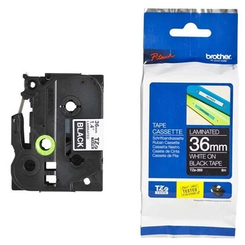 Taśma Brother TZe-365 36 mm x 8 m / czarna / biały nadruk / do drukarek Brother P-touch