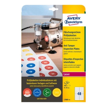 Tabliczki inspekcyjne plomby Avery Zweckform A4 10ark./op. 480 et./op. ø20 mm / białe