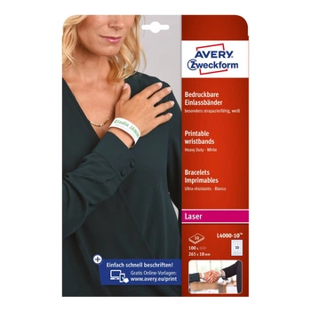 Opaski identyfikacyjne na nadgarstki do zadruku Avery Zweckform A4 10ark./op. 26,5 x 18 mm / folia / poliestrowa / białe