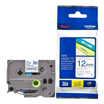 Taśma Brother TZe-233 12 mm x 8 m / biała / niebieski nadruk / do drukarek Brother P-touch