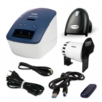 Drukarka etykiet Brother QL-600B 300 dpi / do 62 mm / PC / Mac / USB / z czytnikiem kodów HDWR HD43 w zestawie