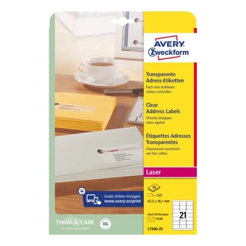 Etykiety adresowe Avery Zweckform A4 63,5 x 38,1 mm 1 opak. 25ark. / przeźroczyste / do drukarek laserowych