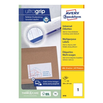 Trwałe etykiety uniwersalne Avery Zweckform A4 100ark./op. 200 x 297 mm / białe